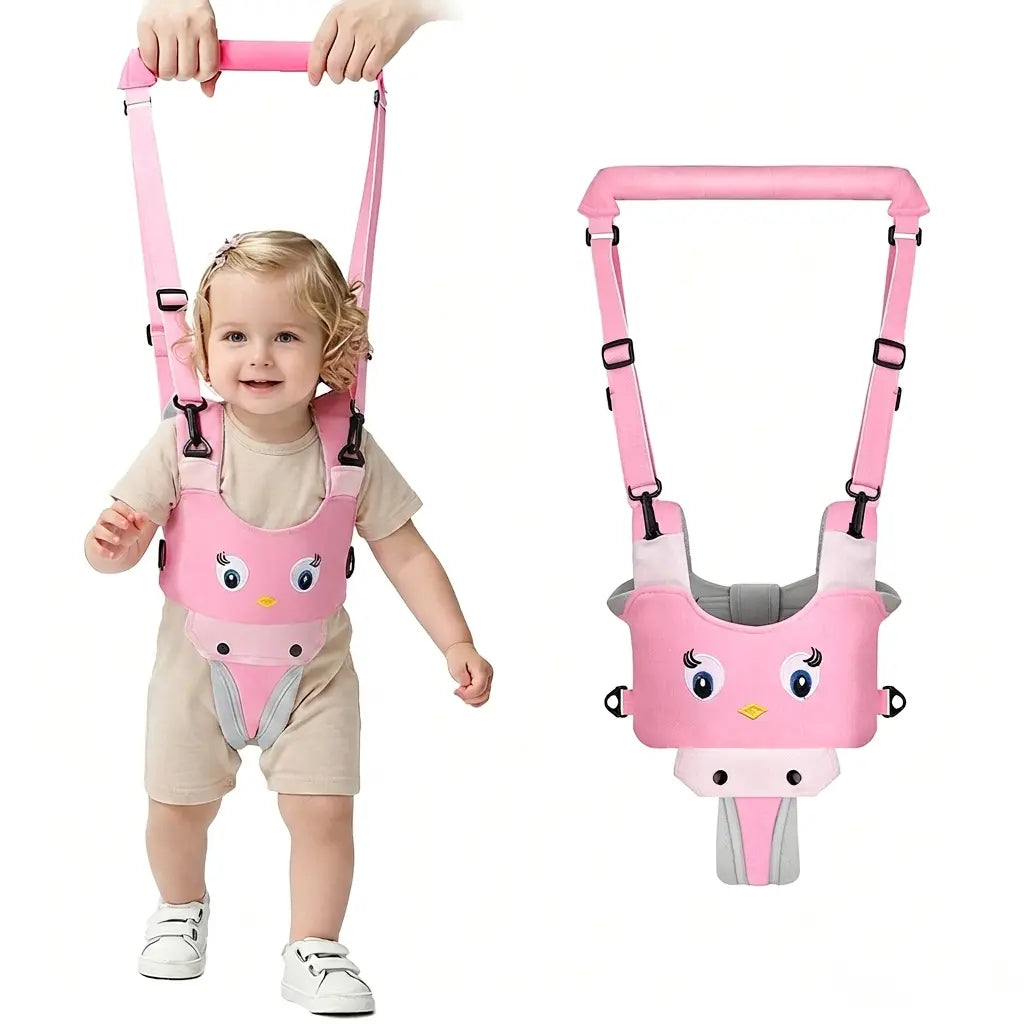 Pink baby walking harness in use