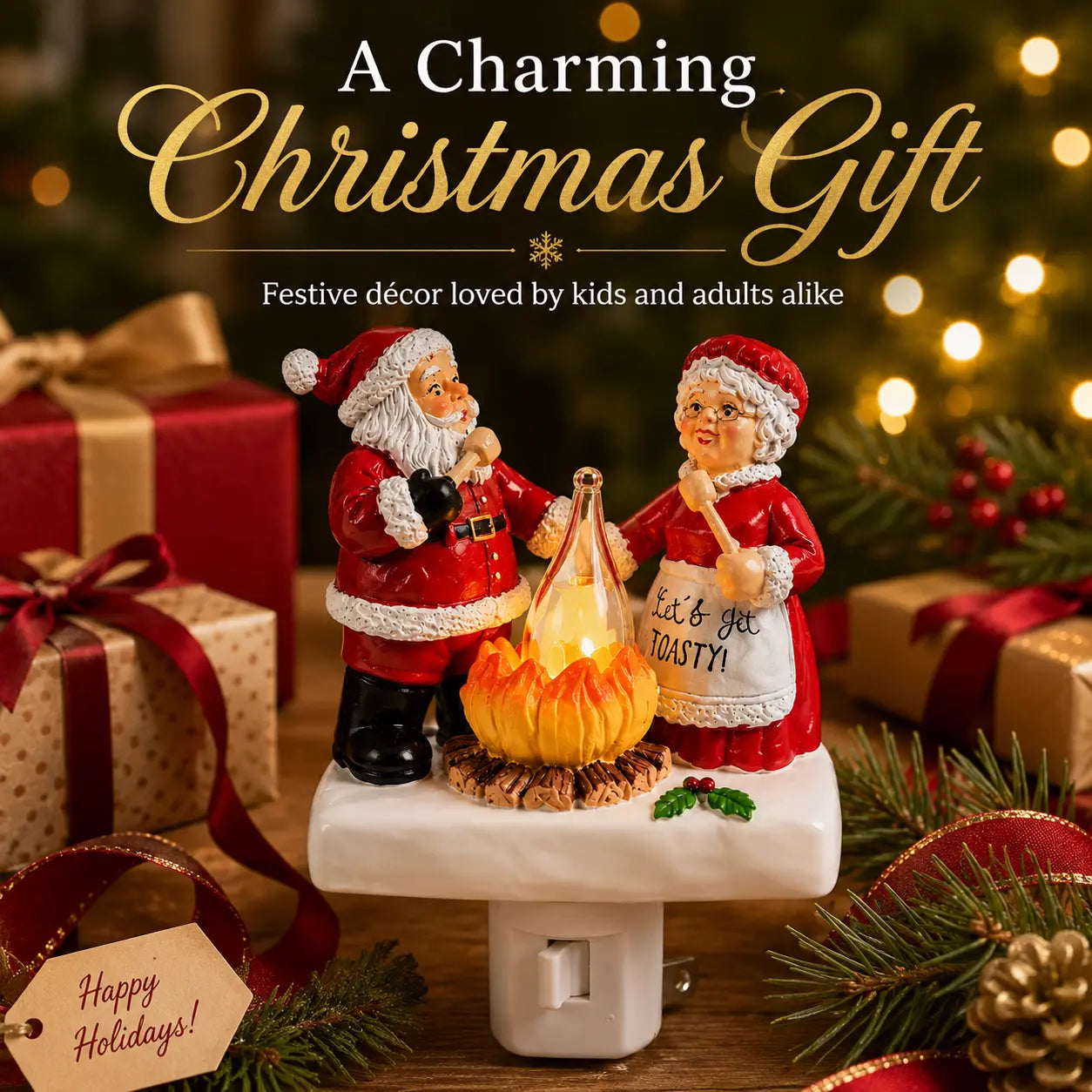 Santa and Mrs. Claus Christmas night light gift scene