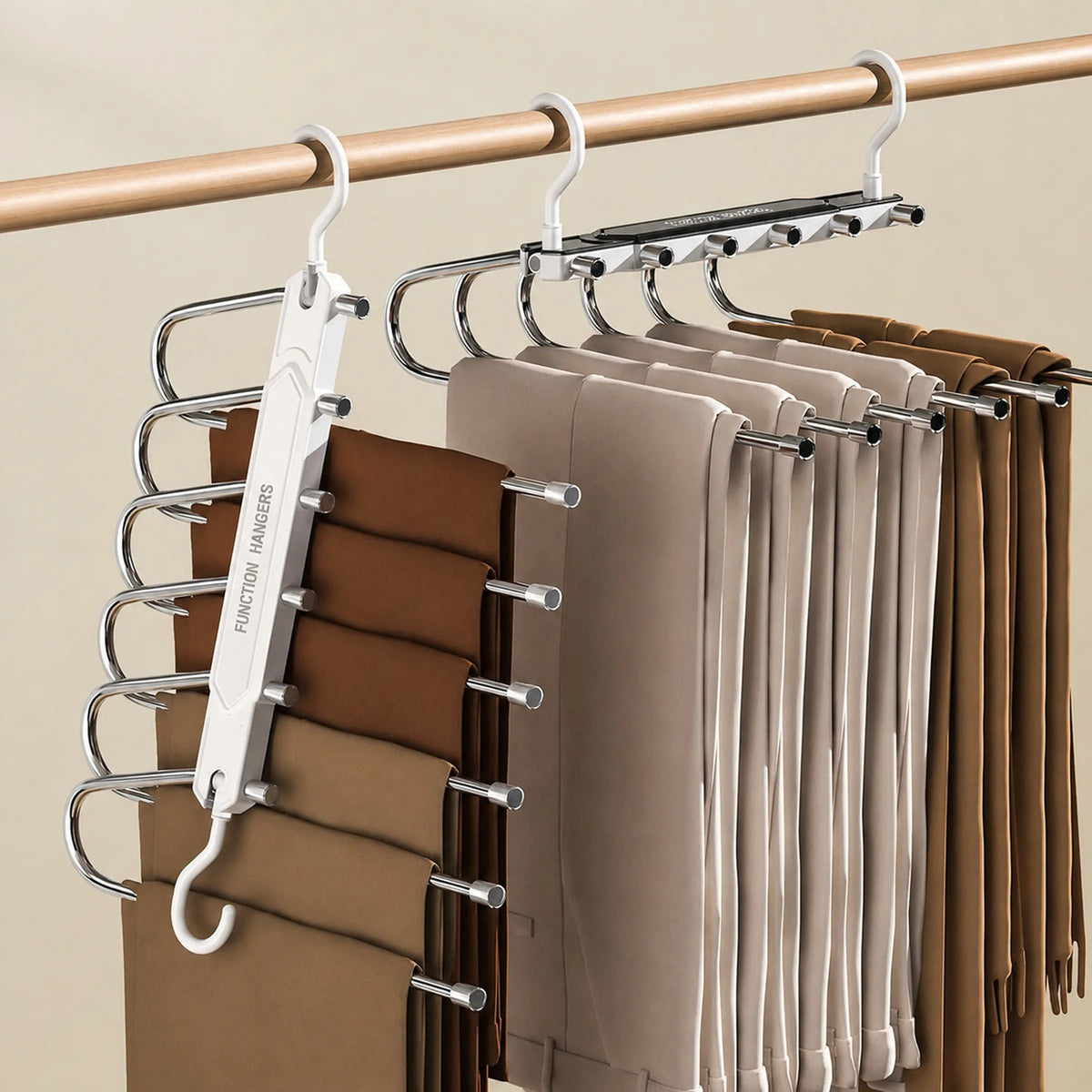 Horizontal and vertical pants hanger storage
