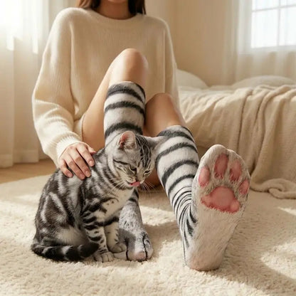 Realistic Cat Paw Socks – Cute Fur Print & Pink Paw Pad Design 🐾