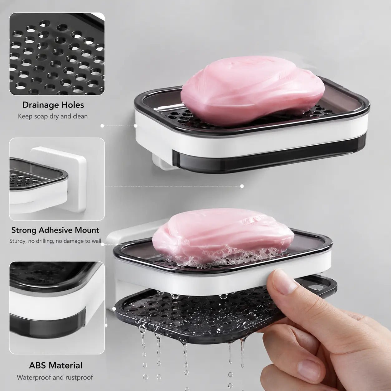 Removable drip tray under wall mounted soap holder