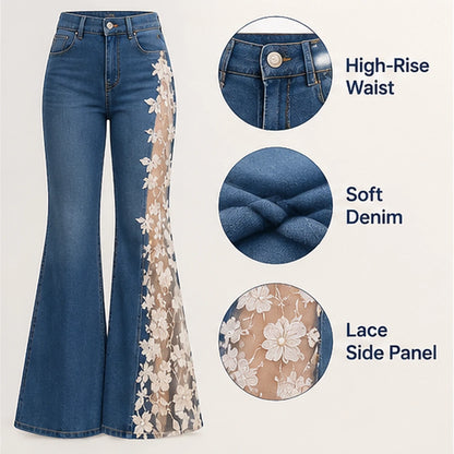 🌸 Women's Floral Lace Panel Flare Jeans – Flattering Western-Inspired Denim