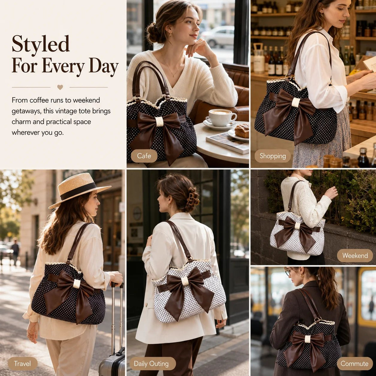 👜 Vintage Polka Dot Canvas Tote Bag for Women, Oversized Bow Shoulder Bag with Lace Trim