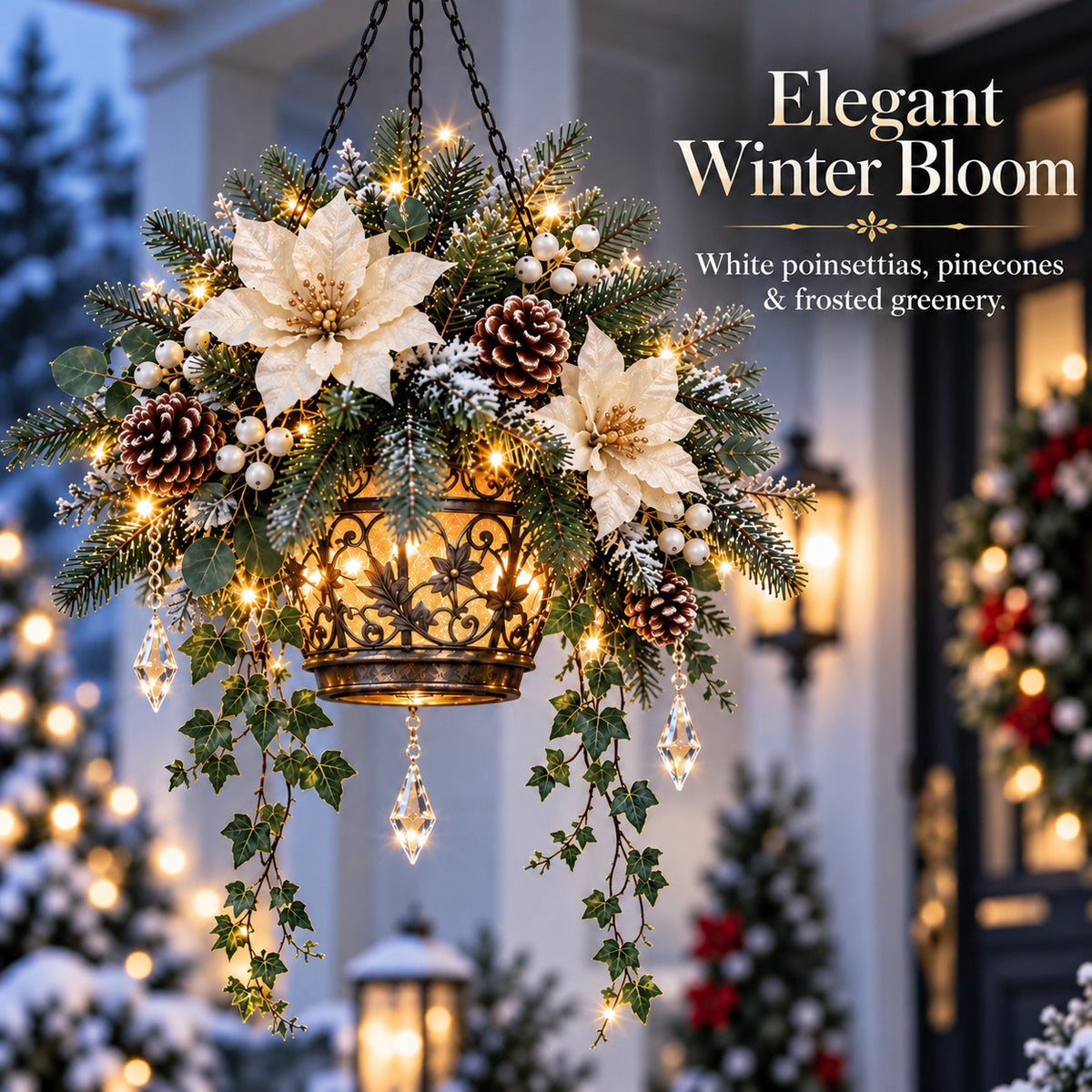 🎄✨ Light-Up Christmas Hanging Flower Basket – Pre-Lit Winter Floral Arrangement for Porch & Holiday Home Decor ❄️