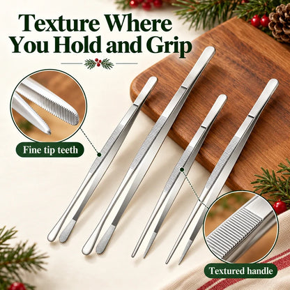 🍳4-Piece Stainless Steel Kitchen Tweezer Set – 10″ & 12″ Cooking and Plating Tongs