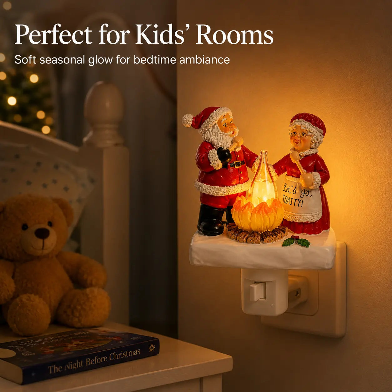 Christmas night light adding soft seasonal glow near a child's bed