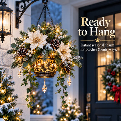 🎄✨ Light-Up Christmas Hanging Flower Basket – Pre-Lit Winter Floral Arrangement for Porch & Holiday Home Decor ❄️