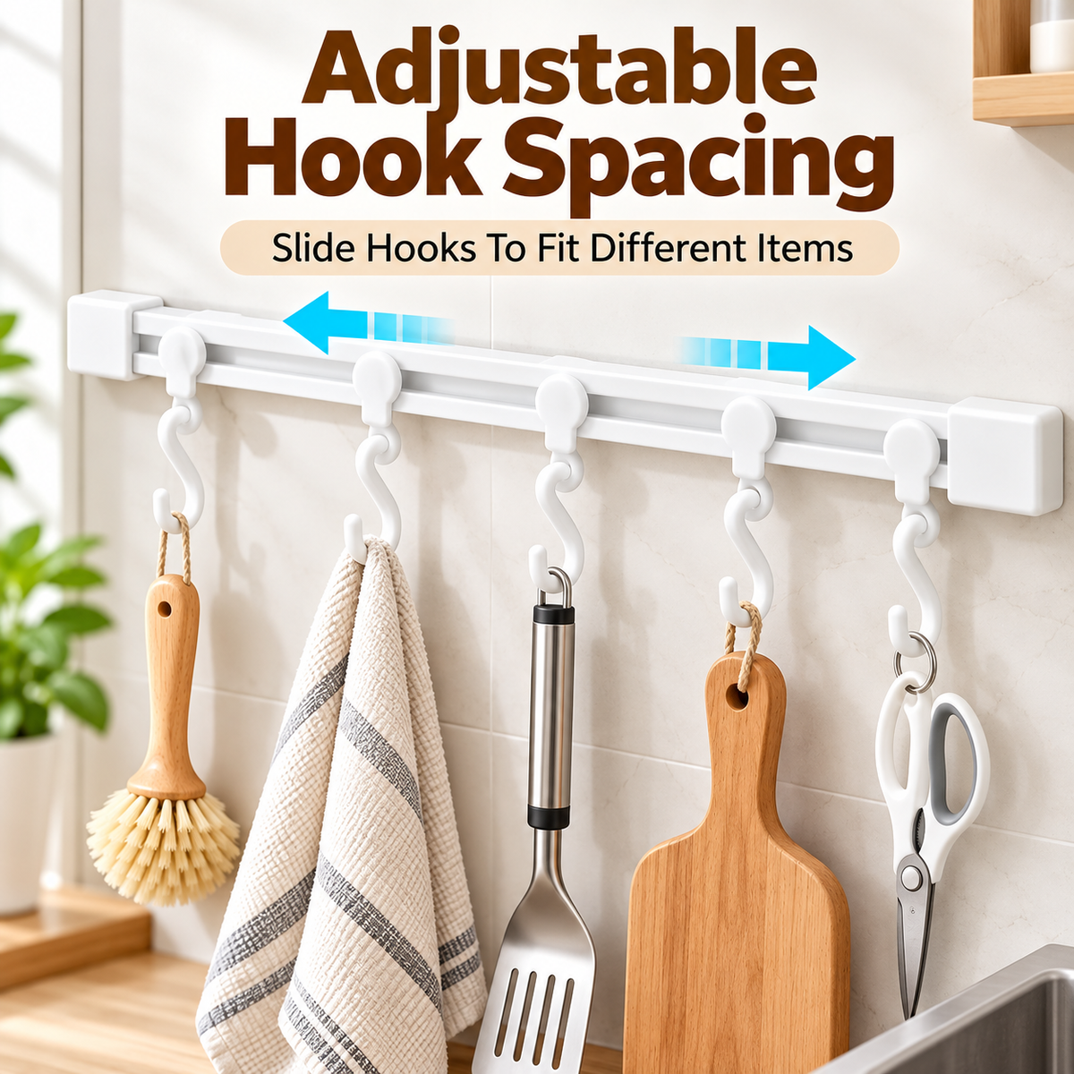 10-Hook Adjustable Multifunctional Slide Rail Adhesive Wall Organiser - Kitchen Utensil Holder