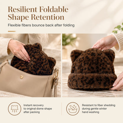 🐻 Fluffy Leopard Print Beanie Hat – Cozy Faux Fur Winter Hat with Cute Bear Ears
