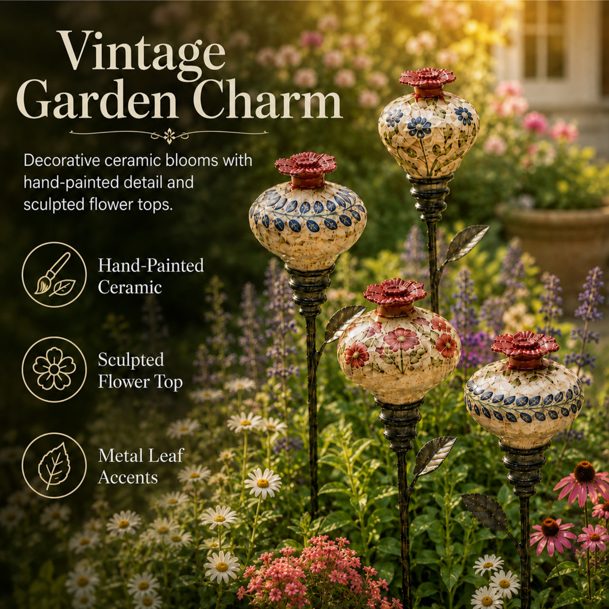 Vintage Ceramic Hummingbird Feeder Garden Stake (Set of 3) 🌺🐦✨ Best Seller