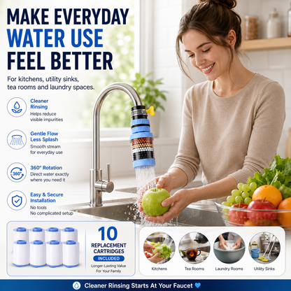 360° Rotating Faucet Water Filter (10 Extra Filters Included) – Anti-Splash Tap Purifier