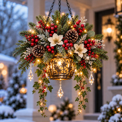 🎄✨ Light-Up Christmas Hanging Flower Basket – Pre-Lit Winter Floral Arrangement for Porch & Holiday Home Decor ❄️