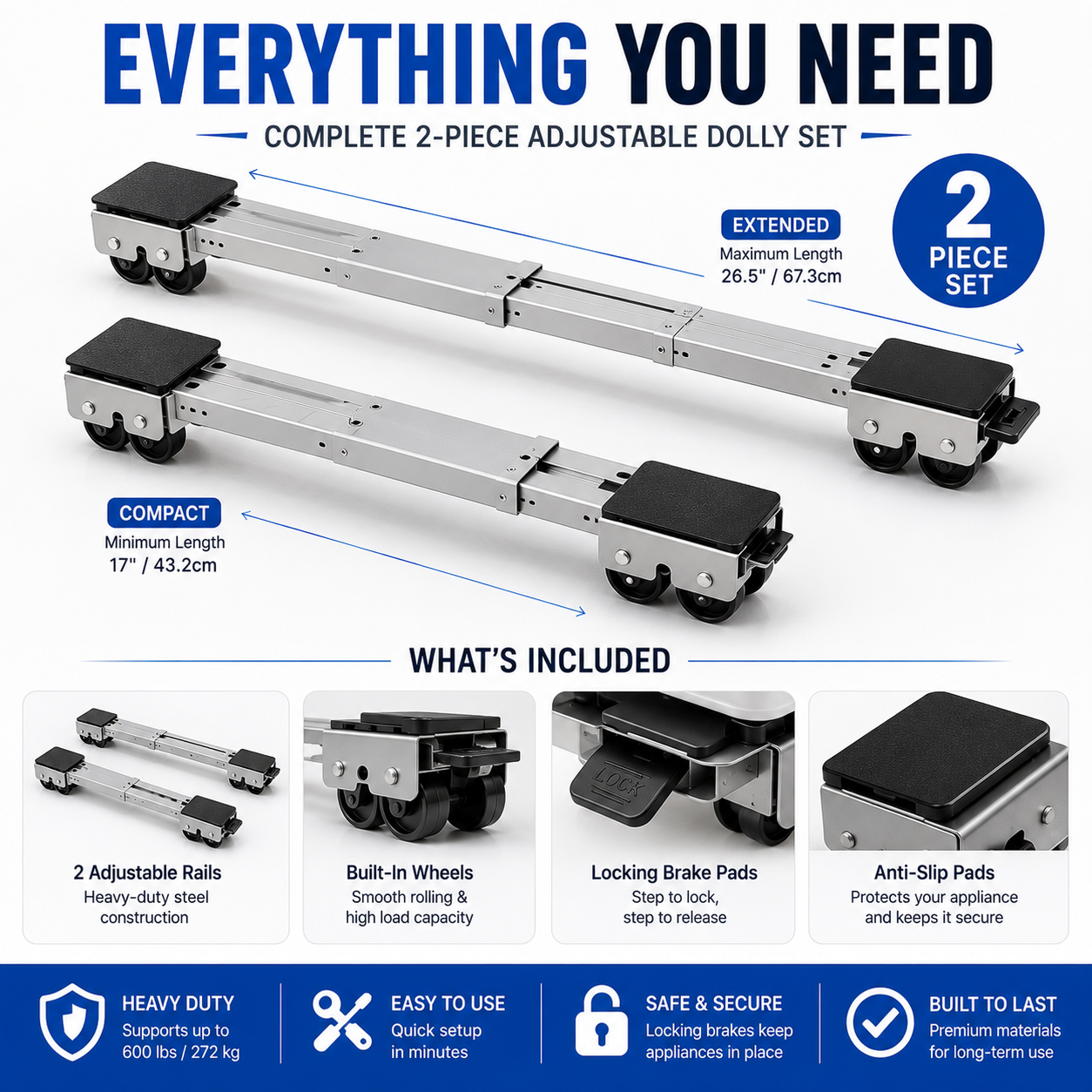 ↔️Adjustable Appliance Moving Dolly 2-Pack | 600 lb Capacity
