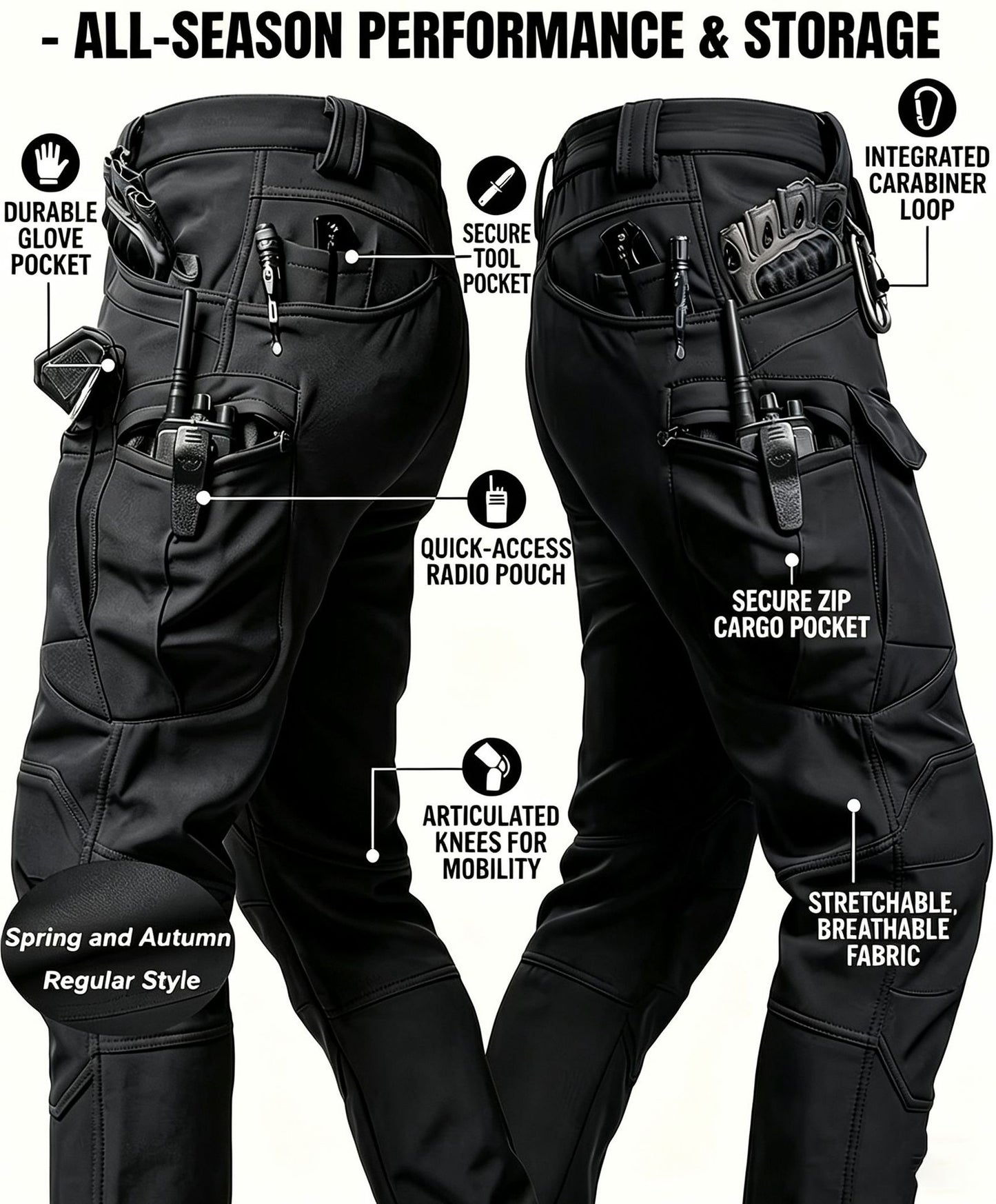 Black tactical cargo pants utility design