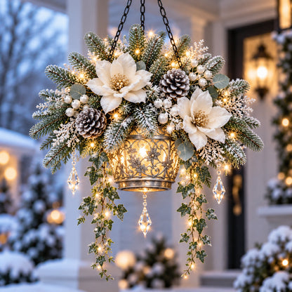 🎄✨ Light-Up Christmas Hanging Flower Basket – Pre-Lit Winter Floral Arrangement for Porch & Holiday Home Decor ❄️