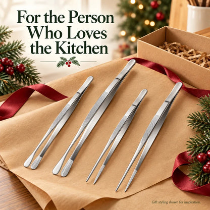 🍳4-Piece Stainless Steel Kitchen Tweezer Set – 10″ & 12″ Cooking and Plating Tongs