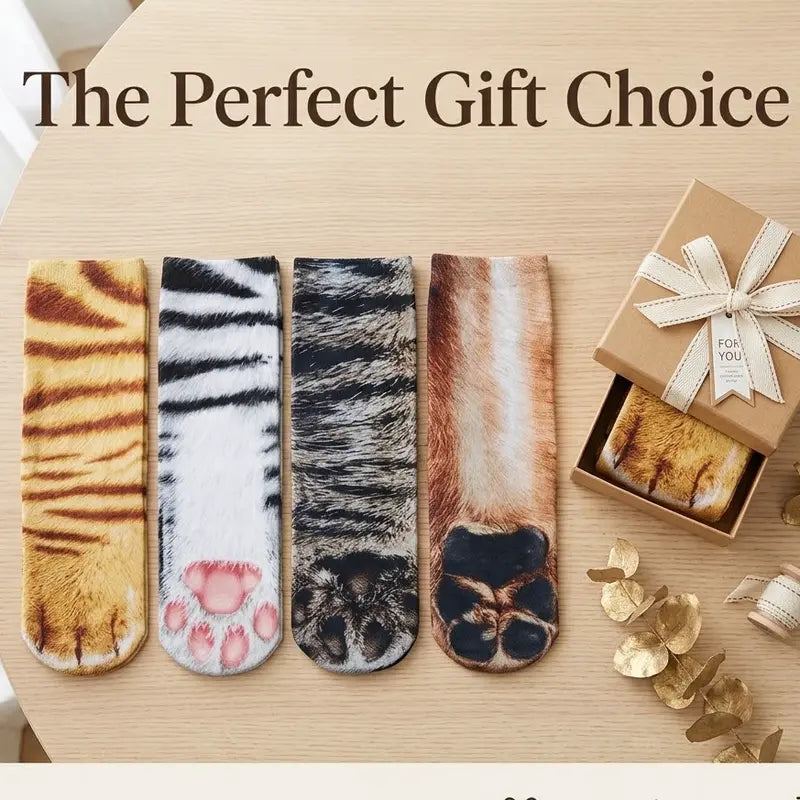 Realistic Cat Paw Socks – Cute Fur Print & Pink Paw Pad Design 🐾