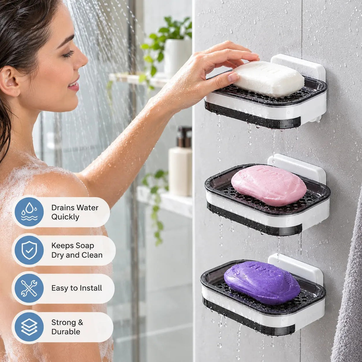 ✨ Wall-Mounted Soap Dish with Drain Tray – No-Drill Bathroom & Kitchen Organizer