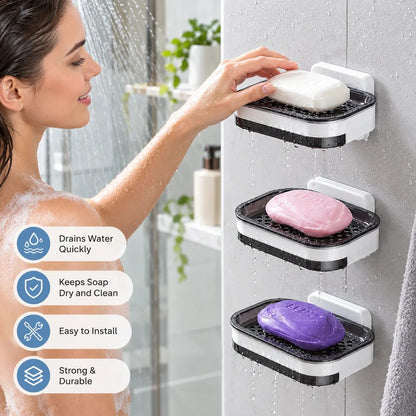 ✨ Wall-Mounted Soap Dish with Drain Tray – No-Drill Bathroom & Kitchen Organizer