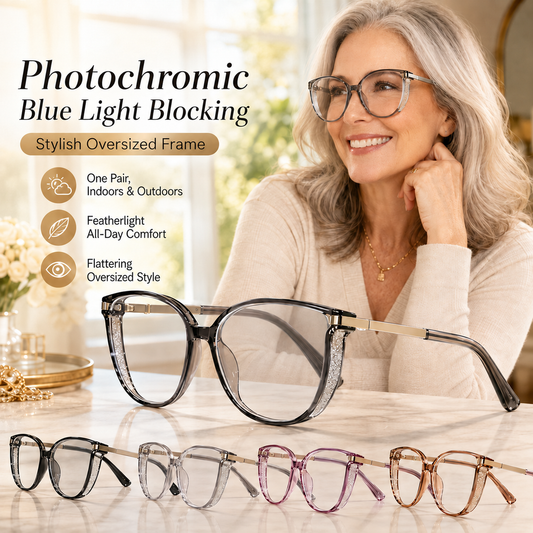🕶️✨ Oversized Fashion Prescription Glasses – Trendy Photochromic Lenses with Blue Light Blocking ✨
