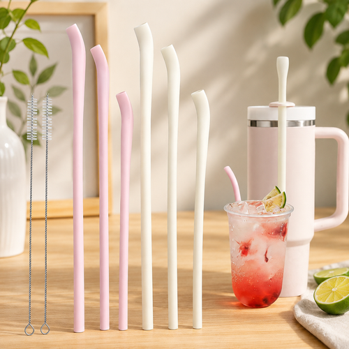 🥤8-piece set Flat wide-mouth reusable wrinkle-resistant silicone straw - with cleaning brush