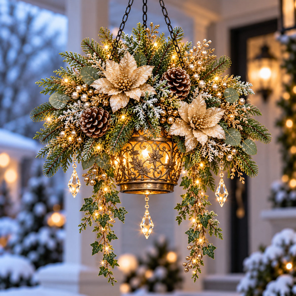 🎄✨ Light-Up Christmas Hanging Flower Basket – Pre-Lit Winter Floral Arrangement for Porch & Holiday Home Decor ❄️