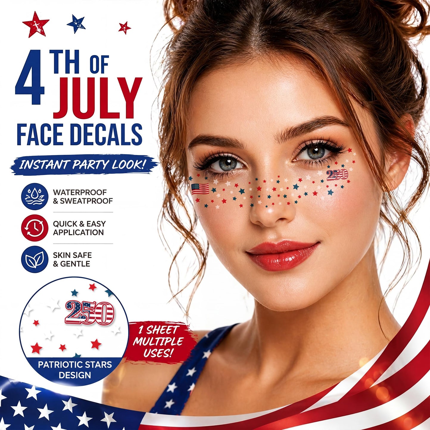 America 250 Face Tattoos🎆  — ⭐ 8 Designs⭐ Patriotic 4th of July Temporary Tattoos🦅🎉