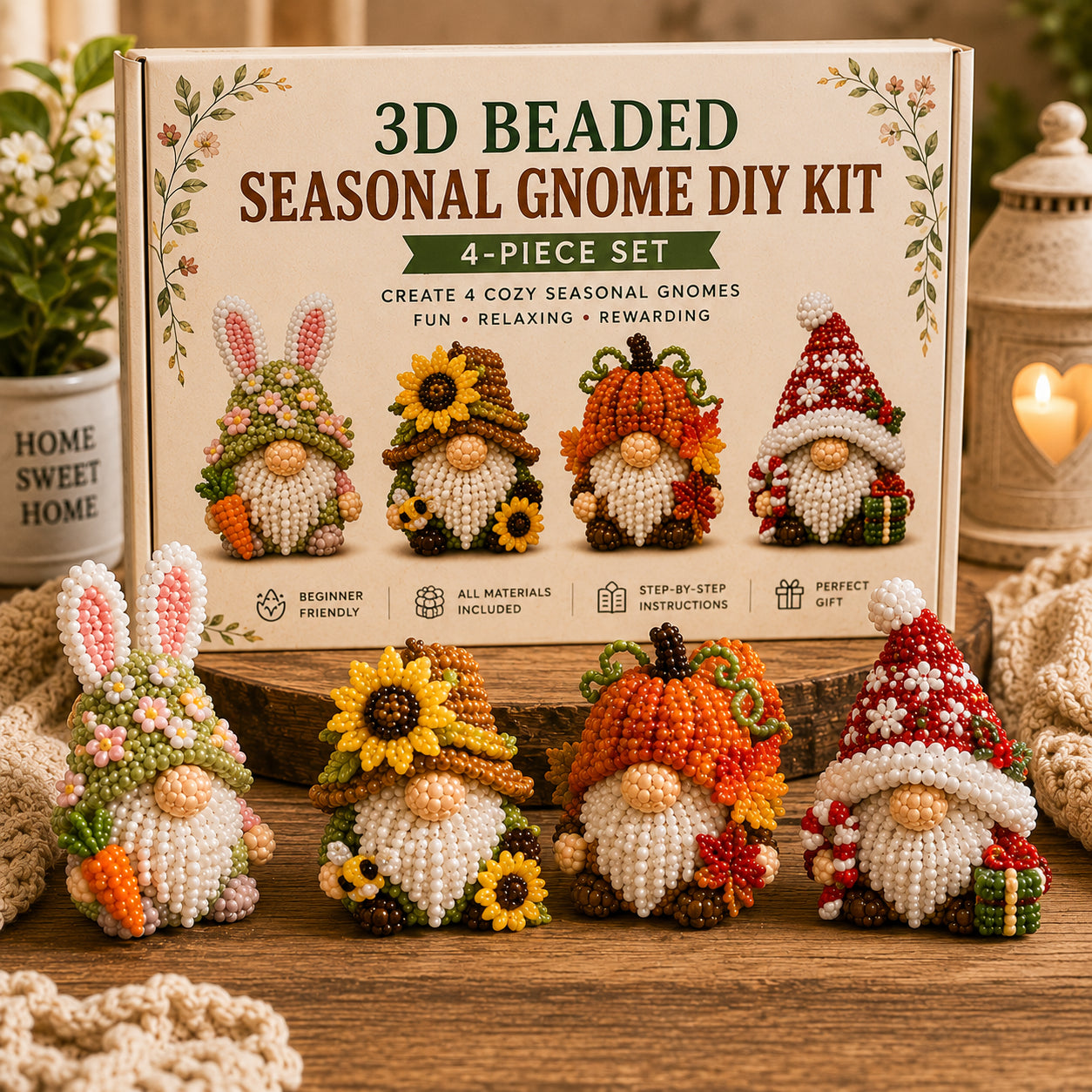 ✨3D Beaded Gnome DIY Kit - Whimsical Cozy Miniature Crafting Set🎃