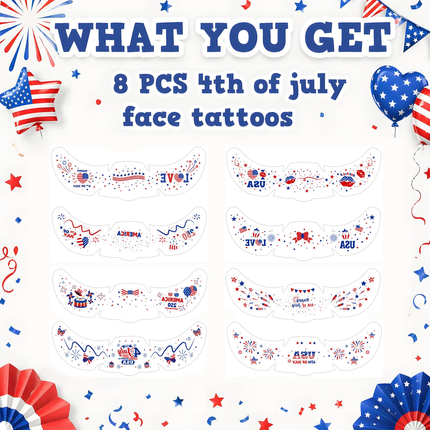 America 250 Face Tattoos🎆  — ⭐ 8 Designs⭐ Patriotic 4th of July Temporary Tattoos🦅🎉