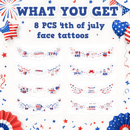 America 250 Face Tattoos🎆  — ⭐ 8 Designs⭐ Patriotic 4th of July Temporary Tattoos🦅🎉