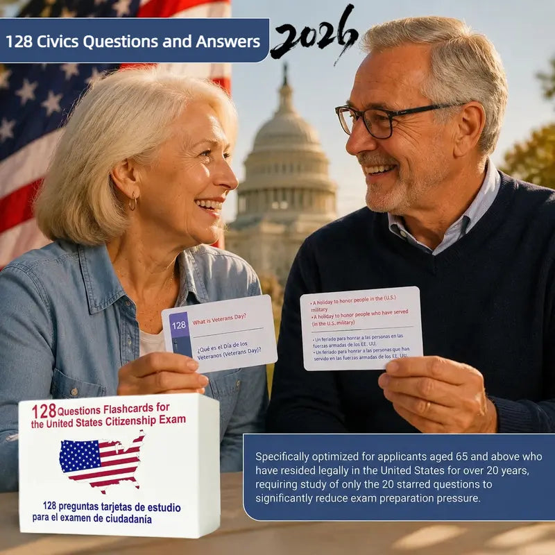 ✨2026 U.S. Citizenship Test Prep Kit | 128 Official Bilingual Flashcards📖