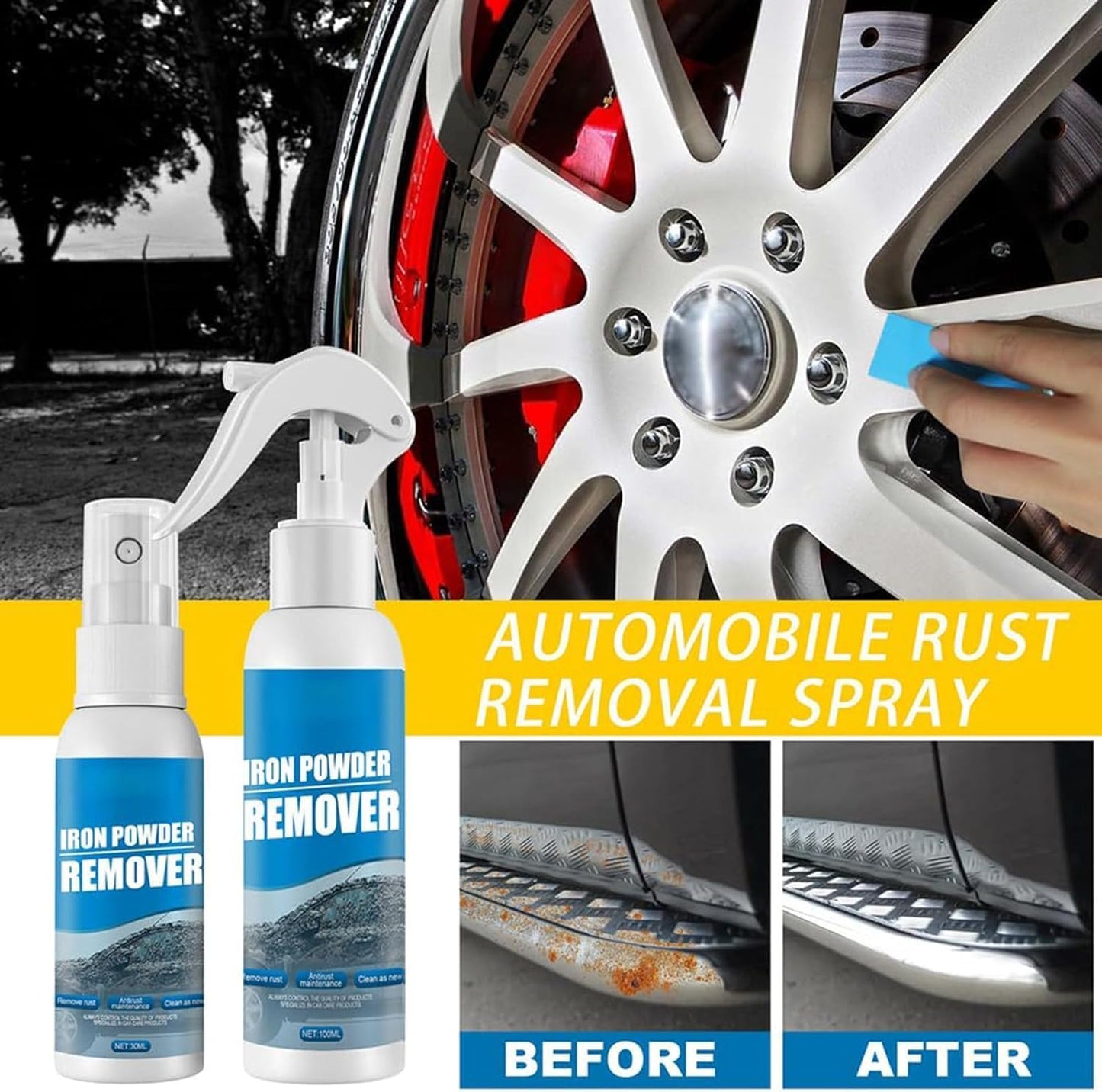 🔥Instant Automotive Rust Remover Spray (100ml) | Paint-Safe Iron Powder Cleaner for Wheels & Rims