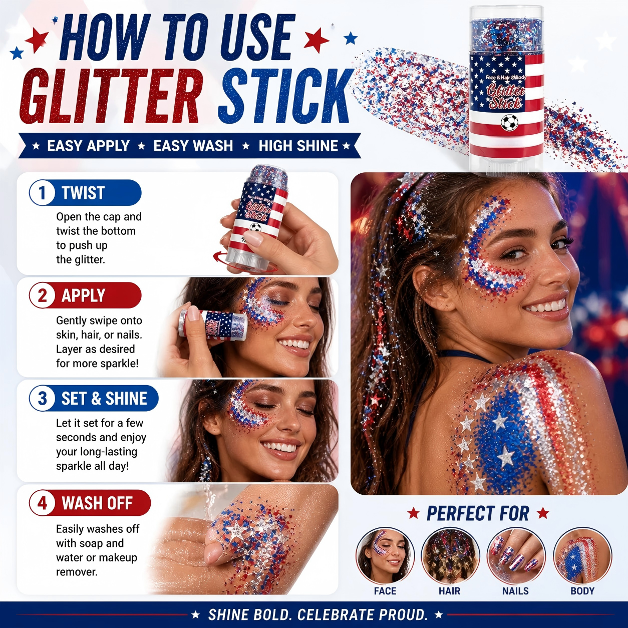 🦅4th of July Glitter Stick✨🔔Red, White & Blue Body & Hair Sparkle🔔