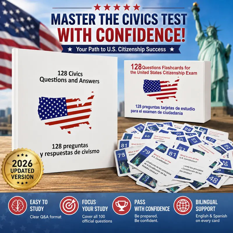 ✨2026 U.S. Citizenship Test Prep Kit | 128 Official Bilingual Flashcards📖