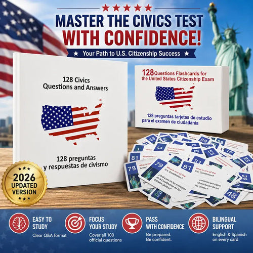 ✨2026 U.S. Citizenship Test Prep Kit | 128 Official Bilingual Flashcards📖