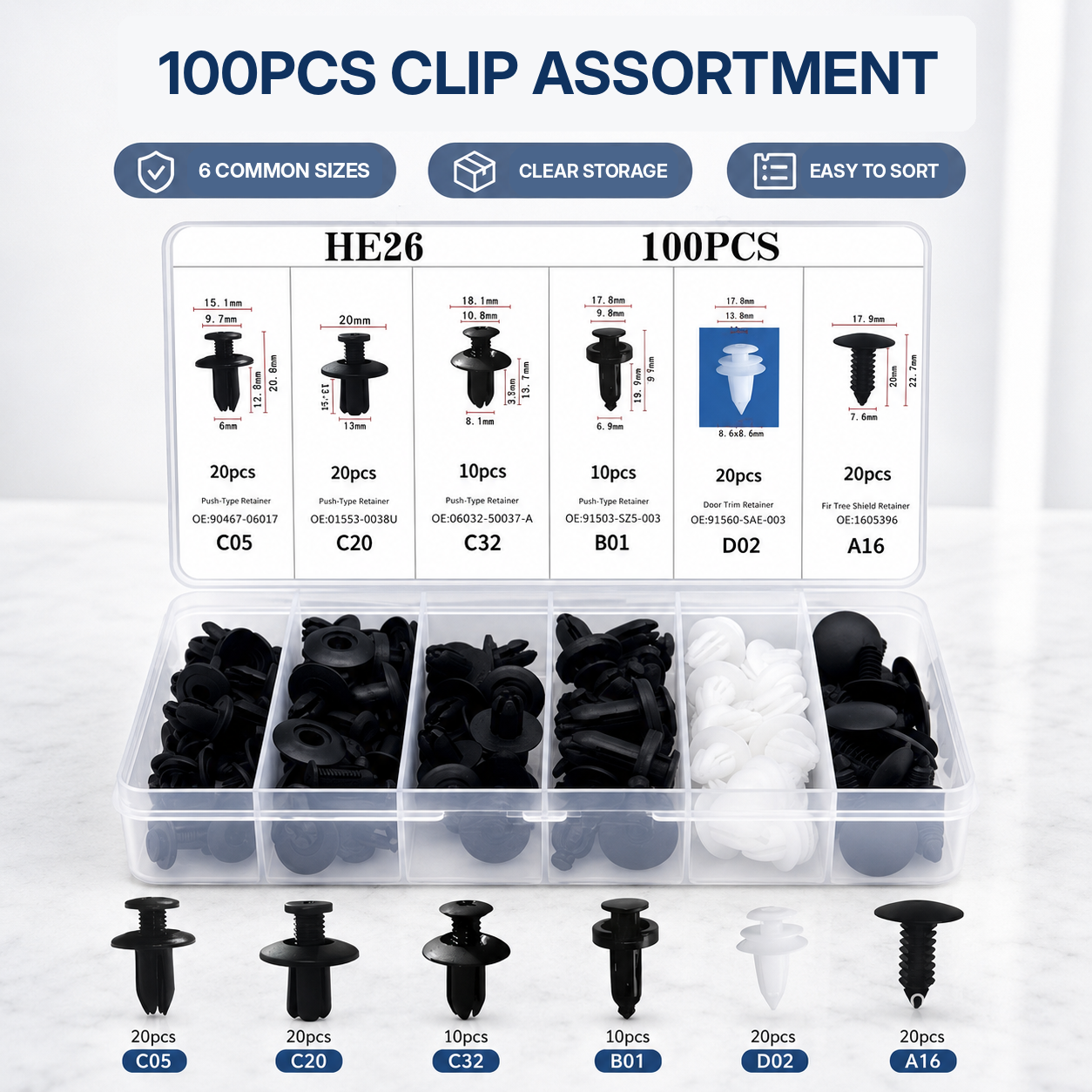 100PCS Automotive Push Retainer Clip Kit with Storage Box