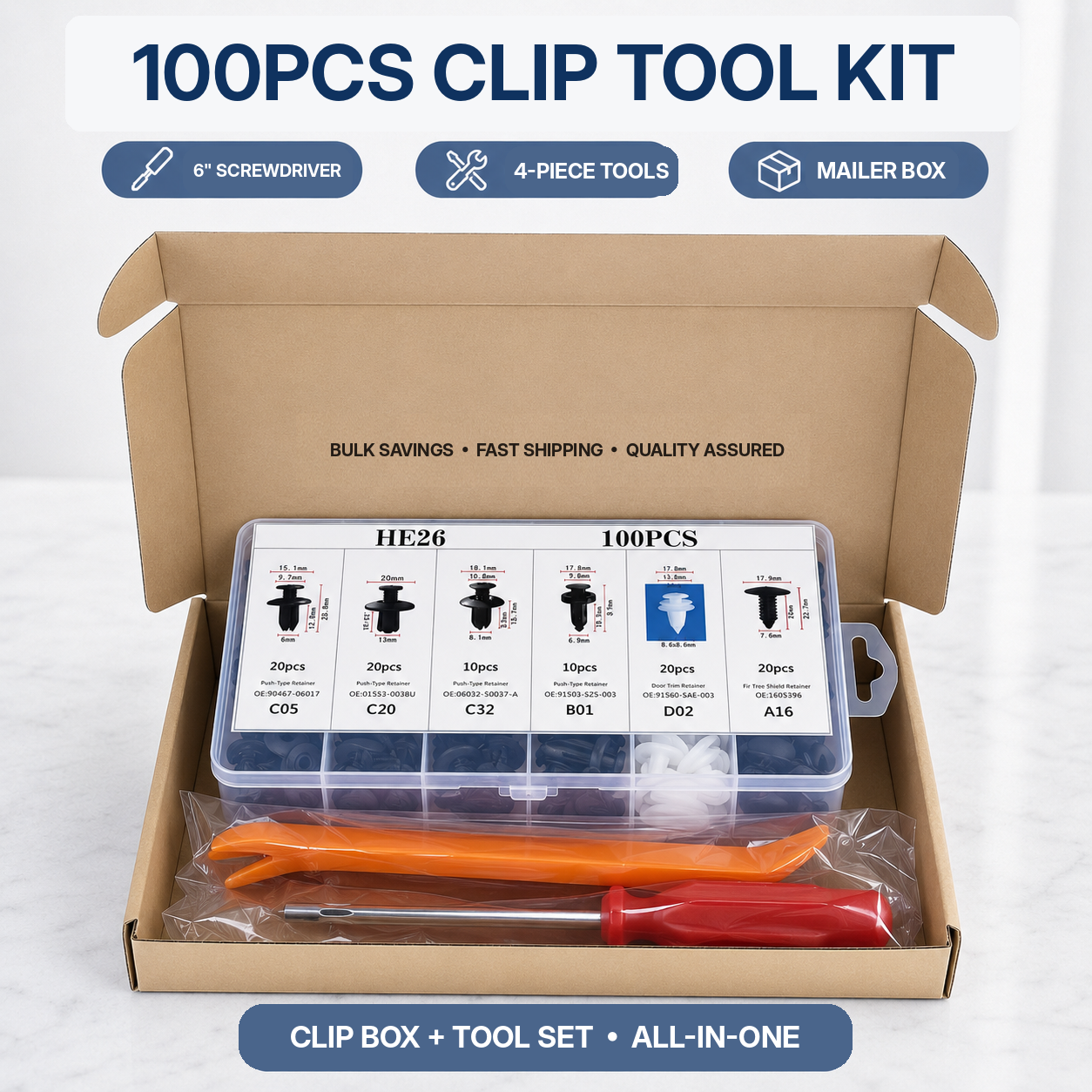100PCS Automotive Push Retainer Clip Kit with Storage Box