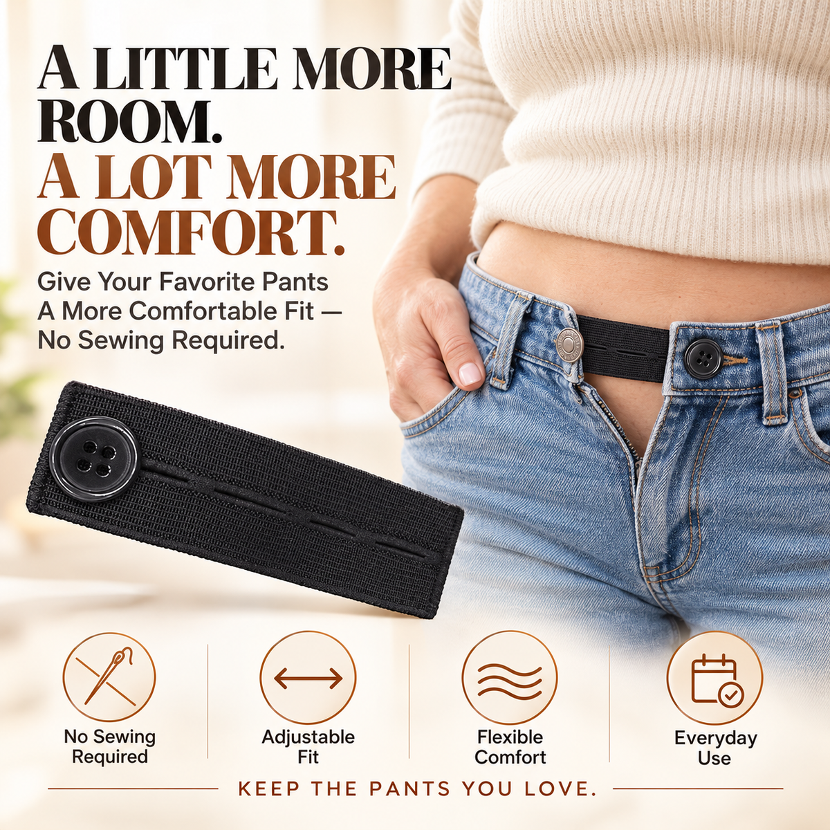 👖 Adjustable Elastic Waistband Button Extender – No-Sew Comfort for Jeans & Pants