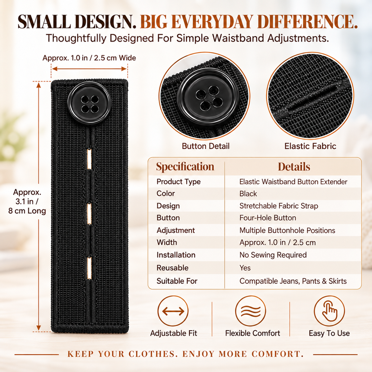 👖 Adjustable Elastic Waistband Button Extender – No-Sew Comfort for Jeans & Pants