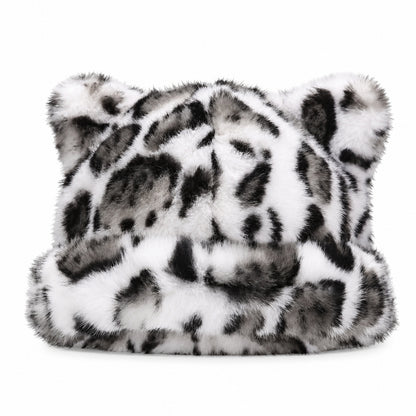 🐻 Fluffy Leopard Print Beanie Hat – Cozy Faux Fur Winter Hat with Cute Bear Ears