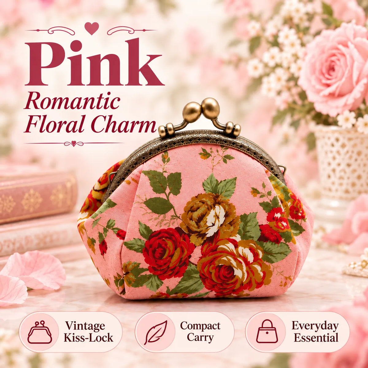 🌸 Vintage Floral Kiss-Lock Coin Purse – Cute Mini Wallet for Women