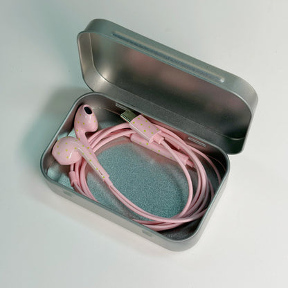 🎧💖 Cute Star & Polka Dot USB-C Wired Earbuds – Girly Aesthetic Earphones with Mic & Metal Storage Case ✨