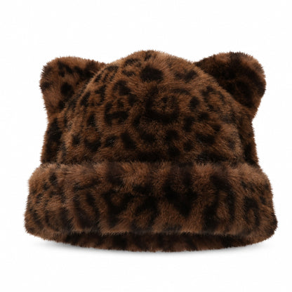 🐻 Fluffy Leopard Print Beanie Hat – Cozy Faux Fur Winter Hat with Cute Bear Ears