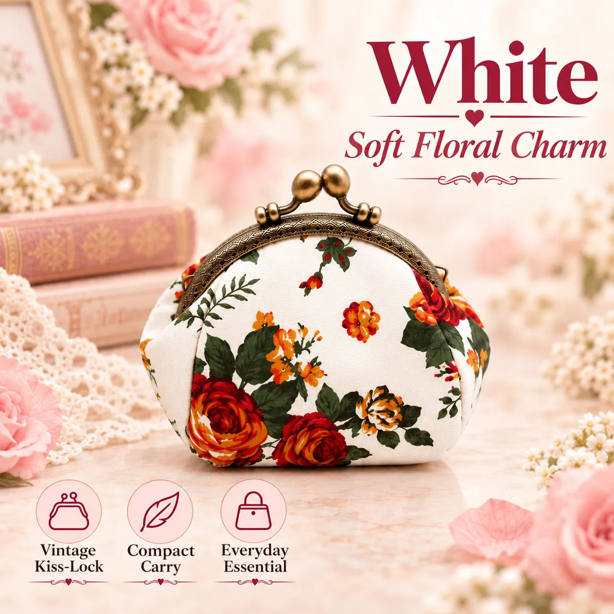 🌸 Vintage Floral Kiss-Lock Coin Purse – Cute Mini Wallet for Women