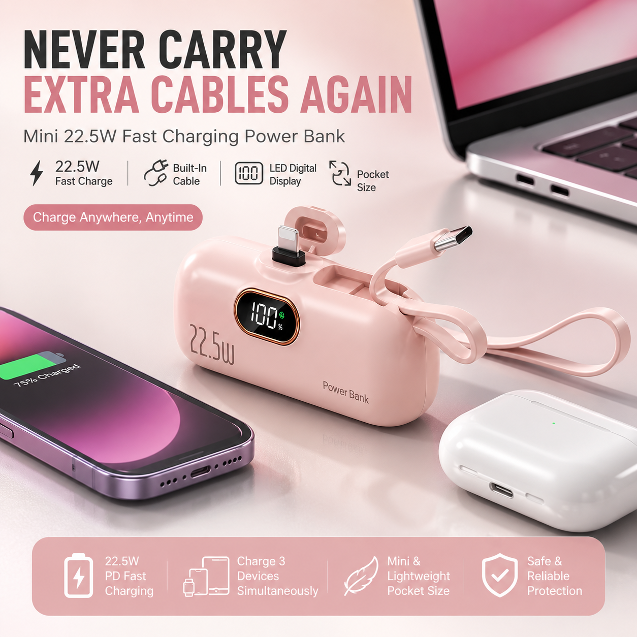 Mini Power Bank with Built-in Cable – 22.5W Fast Charging Portable Charger with Digital Display