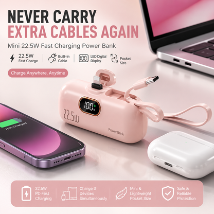 Mini Power Bank with Built-in Cable – 22.5W Fast Charging Portable Charger with Digital Display