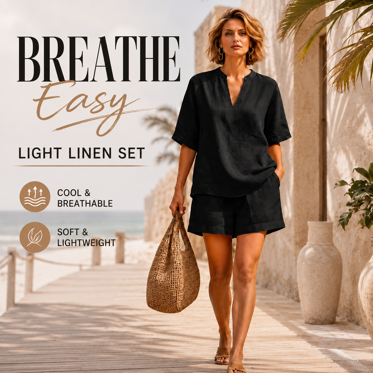 ☀️ Cozy Summer Linen Set | Casual V-Neck & Shorts 🏖️