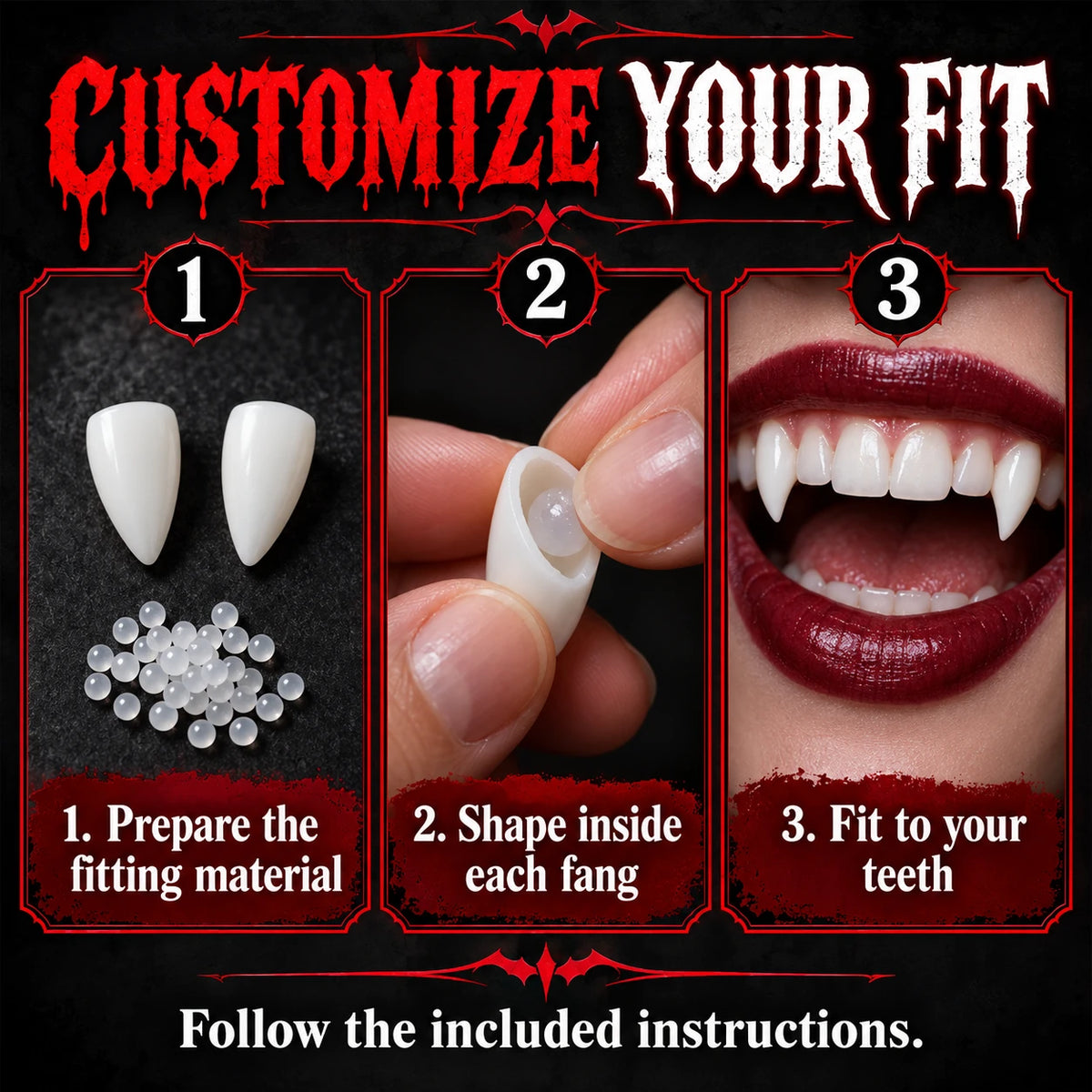 🦇 Your Vampire Look: 4-Size Ivory Fangs Kit & Coffin Box