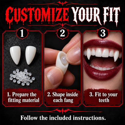 🦇 Your Vampire Look: 4-Size Ivory Fangs Kit & Coffin Box
