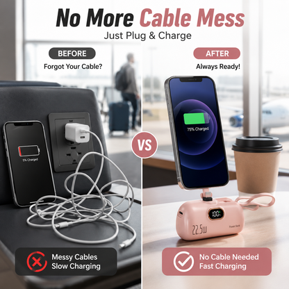 Mini Power Bank with Built-in Cable – 22.5W Fast Charging Portable Charger with Digital Display